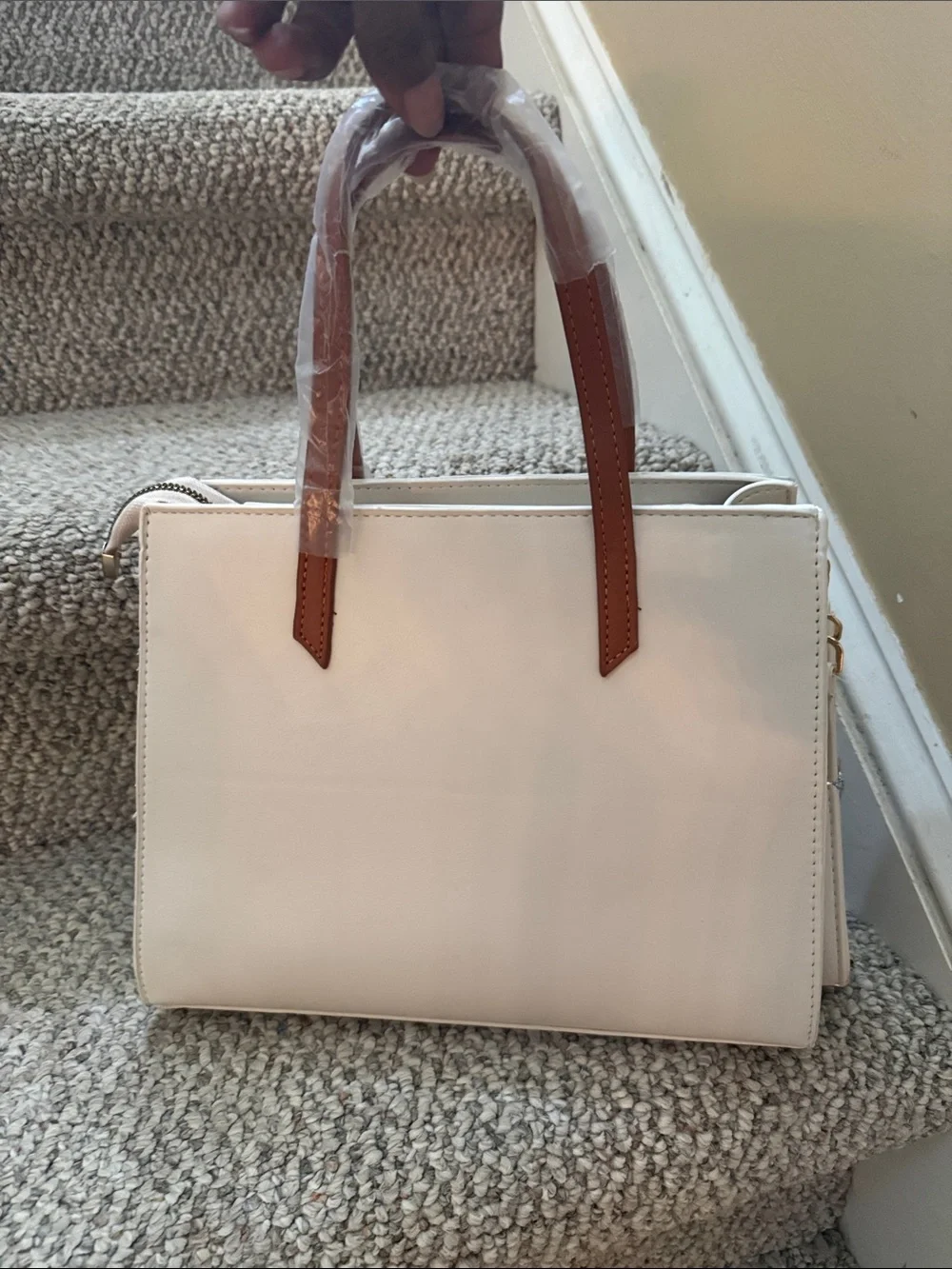 Embroidered Cream Satchel with Brown Handles